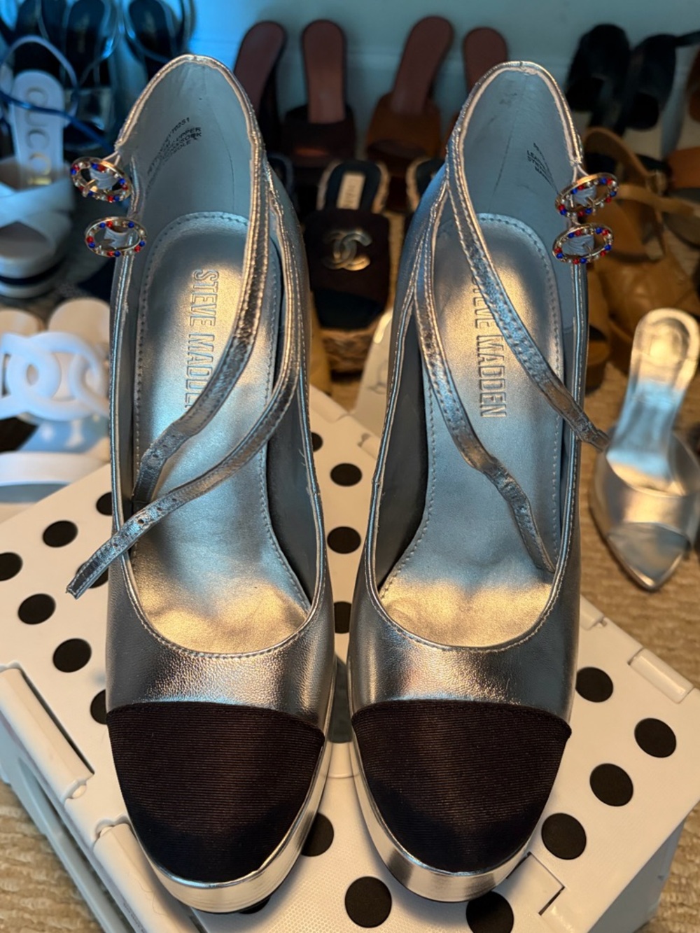 Steve Madden Silver Metallic Lace-Up Platform Heels with Black Cap Toe